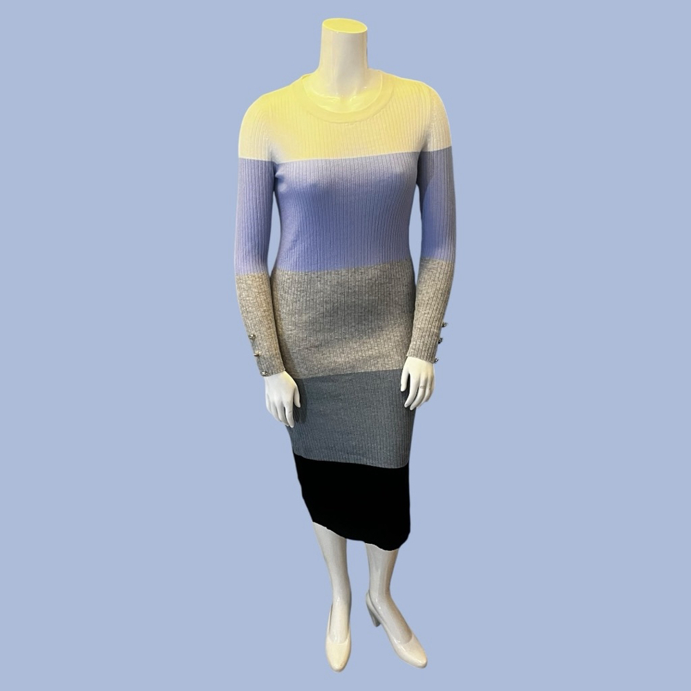 Blue Orchid Colorblock Ribbed Long Sleeve Midi Sweater Dress, M, Blue